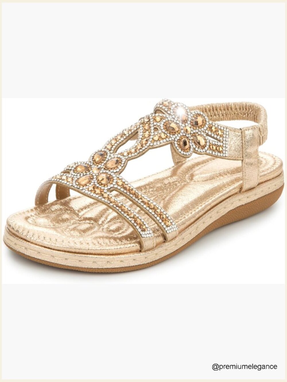 T-Strap Sandals - Bohemian Flat Sandals with Rhinestones, Memory Foam, Arch